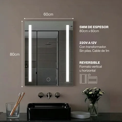 Espejo Digital Luz Led Touch/táctil Baño Rectangular 80x60cm