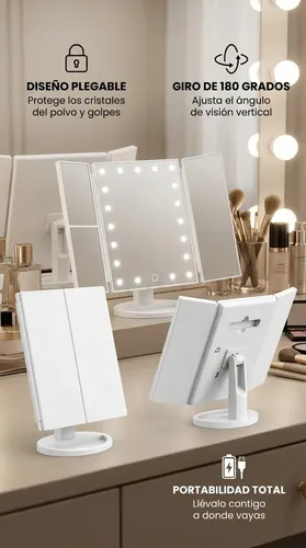 Espejo Mtl Tríptico Con Luz Led Iluminación Portátil Base