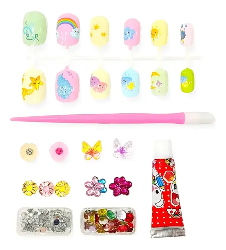 Set De Uñas Postisas Y Strass Infantil Para Nenas Color Celeste
