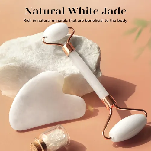 Set Masajeador Facial Baimei Jade Roller Y Gua Sha Blanco