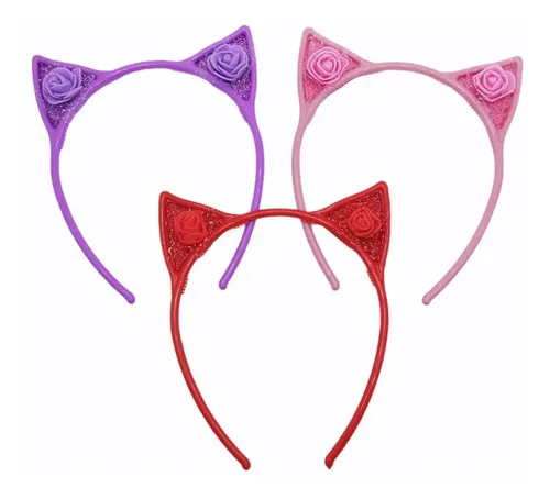 Vincha Infantil Gatito Orejas Glitter Flores Pelo Pack X 6