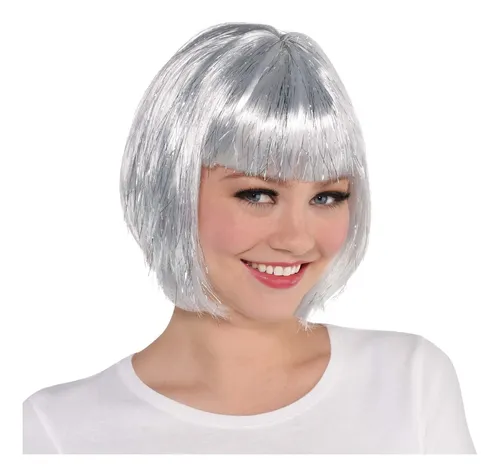 Peluca Bob Plateada, Pelo Corto Y Liso For Fiesta De