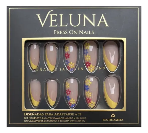 Veluna Uñas Francesitas Press On Diseños Set Completo Francesita Almendrada Amarillo Floral Primavera