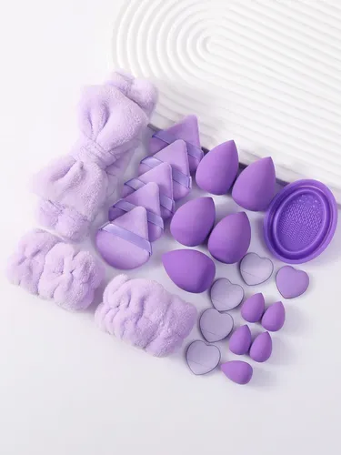 Set 19 Esponjas Maquillaje Y Pomos Triangulares Con Vinchas Purple Grande
