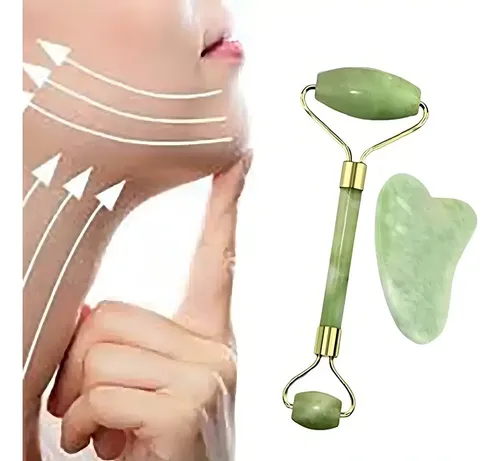Kit Masajeador Facial Jade Rodillo +piedra Guasha-natural Color Verde