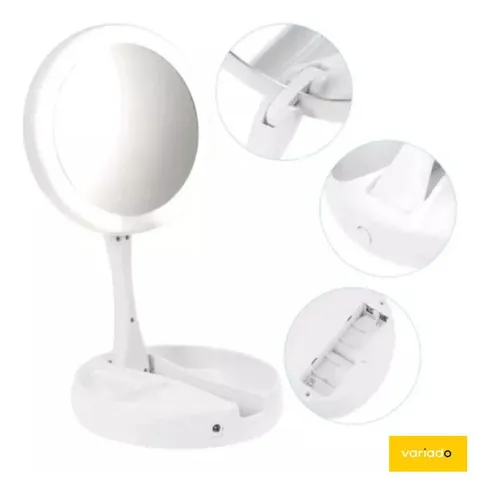 Espejo De Maquillaje Plegable Luz Led Zoom De Doble Cara 10x