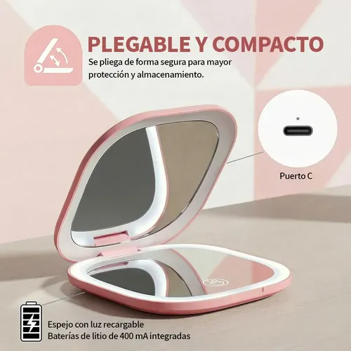 Espejo Maquillaje Portátil Led Aumento 10x Usb Recargable