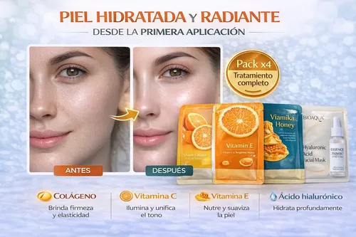 Kit Mascarillas Faciales X4 Unidades Colageno Vitamina C Y E