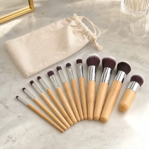 Kit 11 Brochas Maquillaje Mango De Bambú Con Estuche Marrón