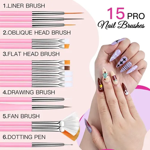 Kit De Uñas Rosa Con Strass 3d Y Pinceles Nail Art