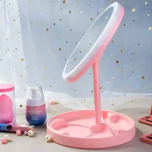 Espejo Maquillaje Portatil Tactil Con Luz Led Recargable Marco Rosa claro