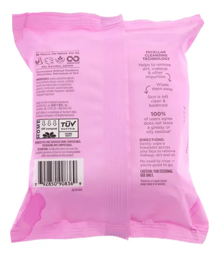 Burt’s Bees Micellar Agua Rosas 30 Cleansing Wipes