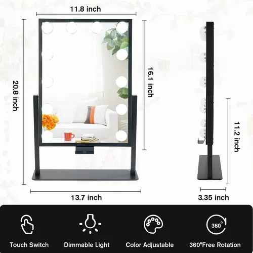 Espejo De Maquillaje Hollywood Bwllni 12 Luces Led Negro