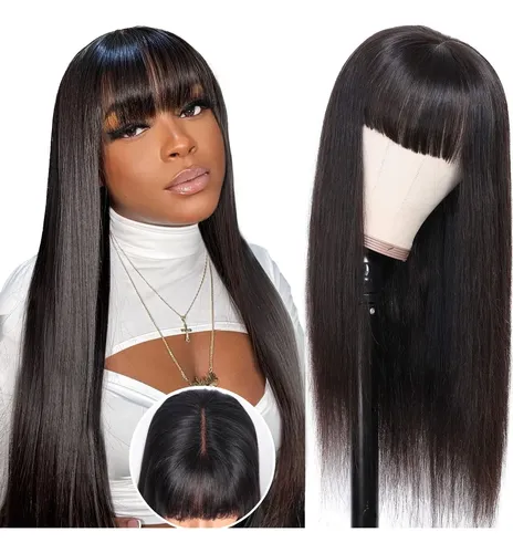Cabello Humano Liso Ruiyu De Wigs Con Flequillo, Densidad De