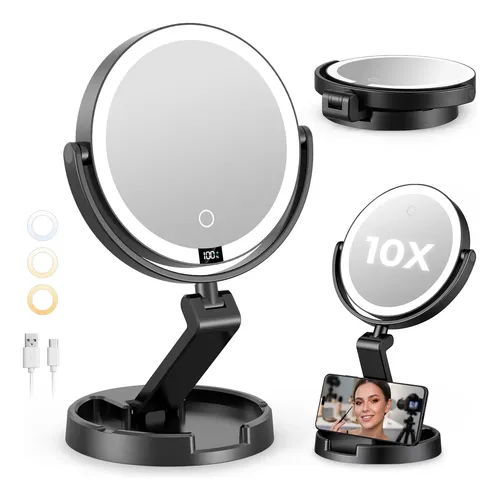 Espejo De Maquillaje Con Luz Led 1x 10x Recargable Negro