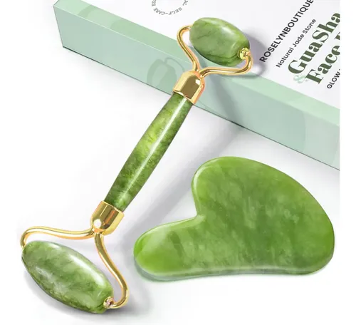 Set Masajeador Facial Rodillo Jade Y Gua Sha Roselyn