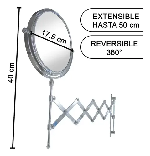 Espejo Extensible Tijera Aumento X5 Brazo 50 Cm Baño Pared