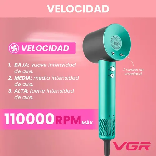 Secador Profesional VGR V-440 1400W BLDC Iónico Con Difusor Verde