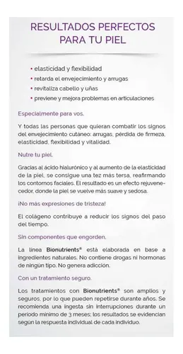 Bionutrients Colageno, Elastina, Placenta, Ácido Hialurónico
