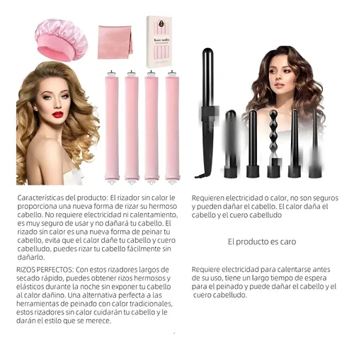 6pzs Curly Ondas En Cabello Rizos Sin Calor Tubo+gorro Satin