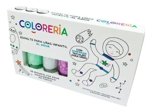 Set De Esmaltes X3 + Tatuajes Lavables Infantil Color Verde Agua, Lila Y Brillo Glitter