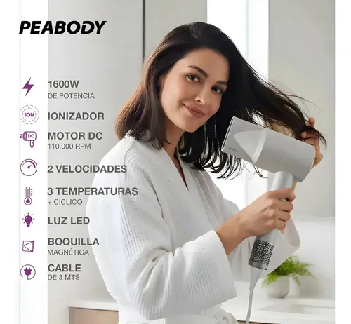 Secador De Pelo 1600w Peabody Spdc01b C/accesorios Blanco