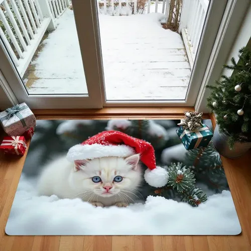 Diseño De Un Pequeño Gato Blanco Con Gorro De Papá Noel De S 40x60cm