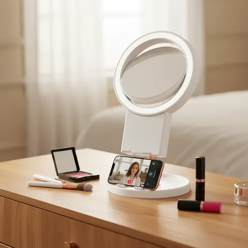 Espejo Maquillaje Porta Celular Con Luz