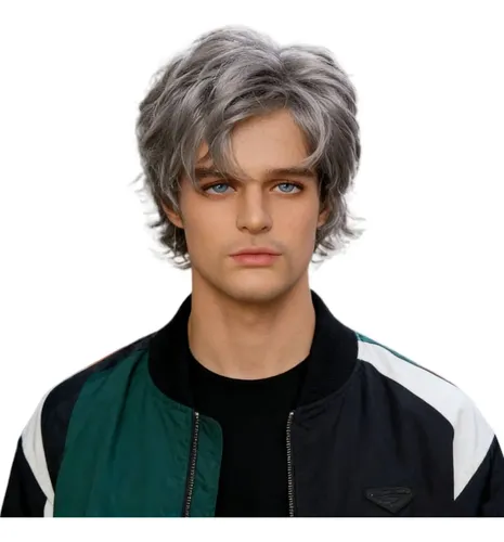 Pelucas Hombre Chico Cabello Corto Moda Gris Plateado Rizado