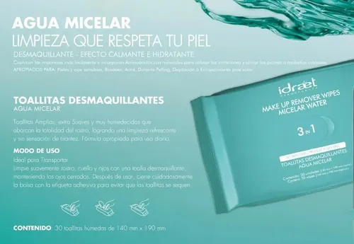 Toallitas Desmaquillantes Agua Micelar 3en1 Calmante Idraet.