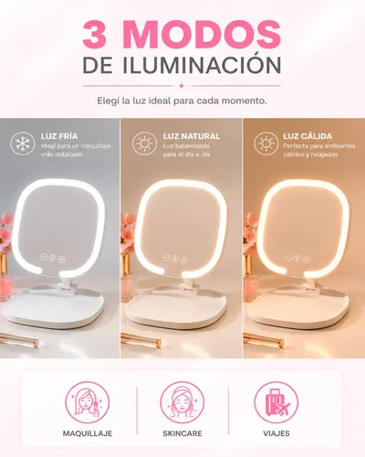 Espejo Luz Led Tactil Recargable Cuadrado Maquillaje Usb