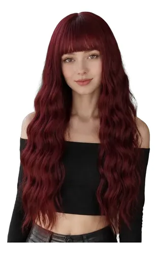Peluca Larga Ondulada Con Flequillo Mujer Burgundy M
