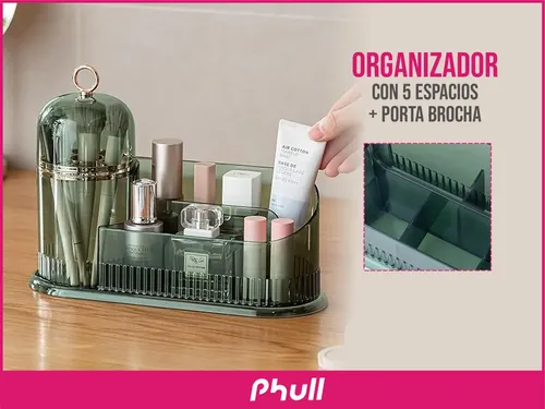 Organizador Maquillaje Porta Cosmético Make Up Escritorio Con Capsula Antipolvo Verde Claro