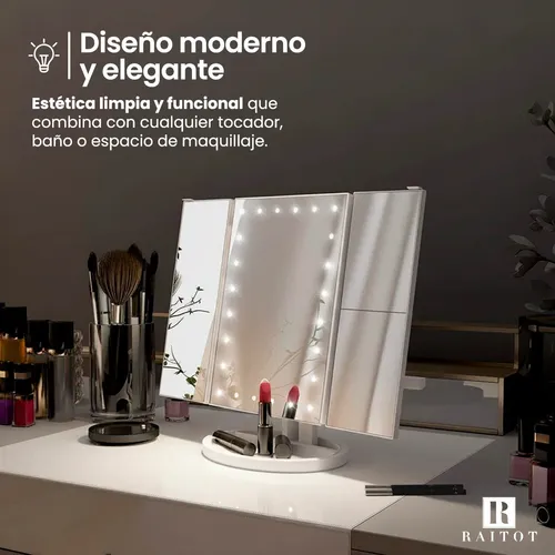Espejo Aumento Luz Maquillaje Giratorio Tactil Touch Mesa Marco Blanco