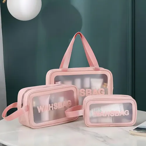 Neceser de 3 Carmela Transparente Rosa para Maquillaje y Artículos de Aseo
