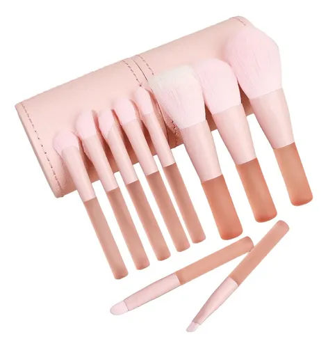Set 10 Brochas De Maquillaje Suaves Color Rosa Con Estuche