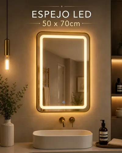 Espejo Rectangular 50x70cm Táctil Luz Led Baño Dormitorio