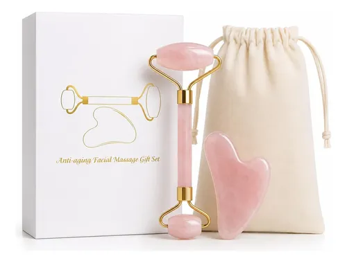 Set Rodillo Facial Y Gua Sha Cuarzo Rosa Masajeador