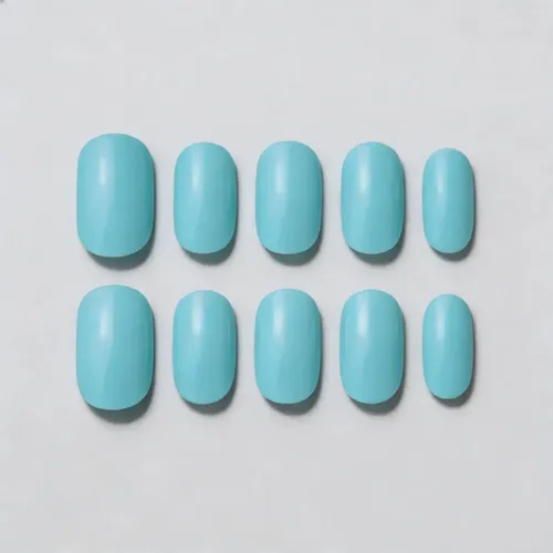 Press On Nails Oval Cortas Kit Uñas Postizas Con Adhesivo Color Turquesa