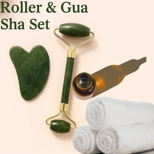 Set Gua Sha Y Rodillo Jade Facial Verde Oscuro