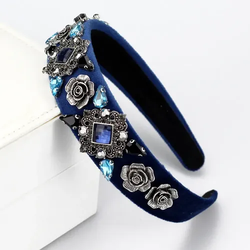 Vincha Vintage De Perlas Barrocas Y Strass Azul Marino