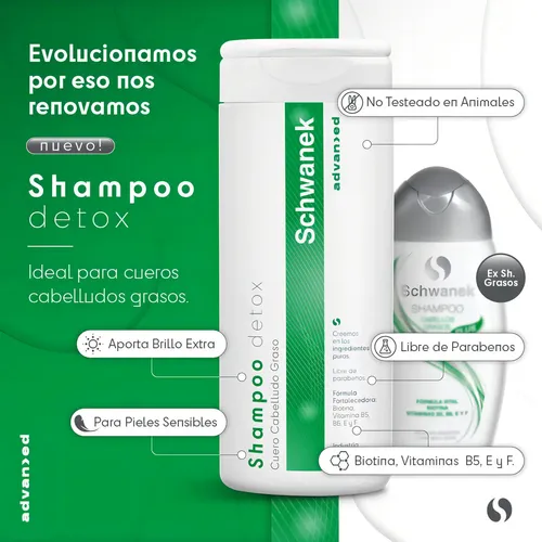Shampoo Schwanek Cabellos Grasos Seborrea Caída De Cabello Lavado Profundo y Duradero Sin Agredir al cabello, Purifica y Restaura el Equilibrio del Cuero Cabelludo.