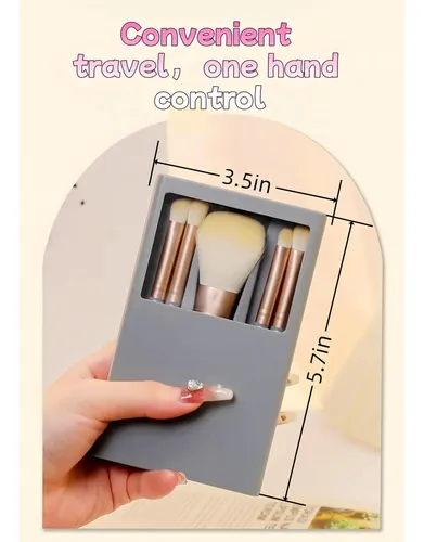 Set De 5 Pinceles De Maquillaje Con Espejo Y Estuche Vegano