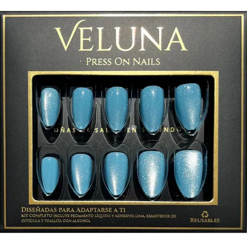 Uñas Press On Veluna – Almendras Cortas 32u – Ojo De Gato Color Celeste Cielo Perlado Ojo De Gato