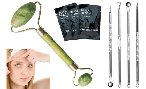 Limpieza Facial Kit Puntos Negros Rodillo Jade 3 Mascaras