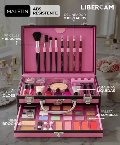 Maletin De Maquillaje Porta Cosmetico Makeup 31 Piezas LIBERCAM BAMA-02 Color Rosa