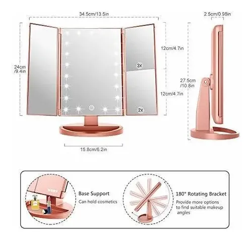 Espejo De Pie Triple Aumento, Led, Pantalla Tactil Rosa Gold