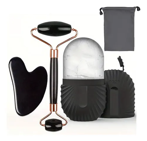 Juego De Masaje Facial Con Rodillo De Hielo Y Gua Sha Negro