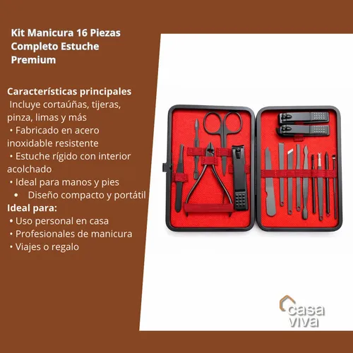 Set De Manicura 16 Piezas Profesional Acero Inoxidable Negro