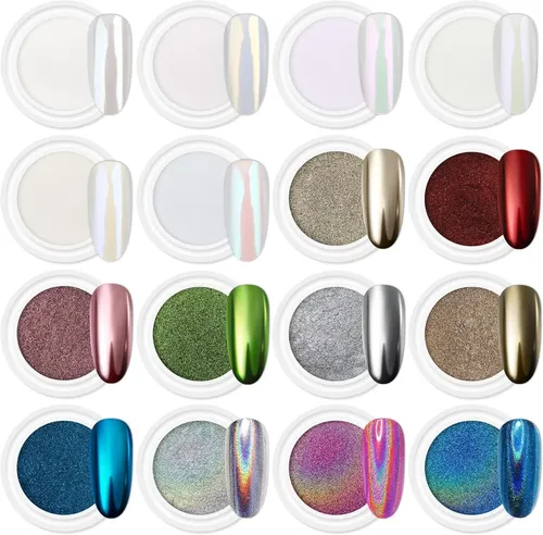 16 Polvo Cromado Para Uñas, Nail Art Glitter Con Efecto